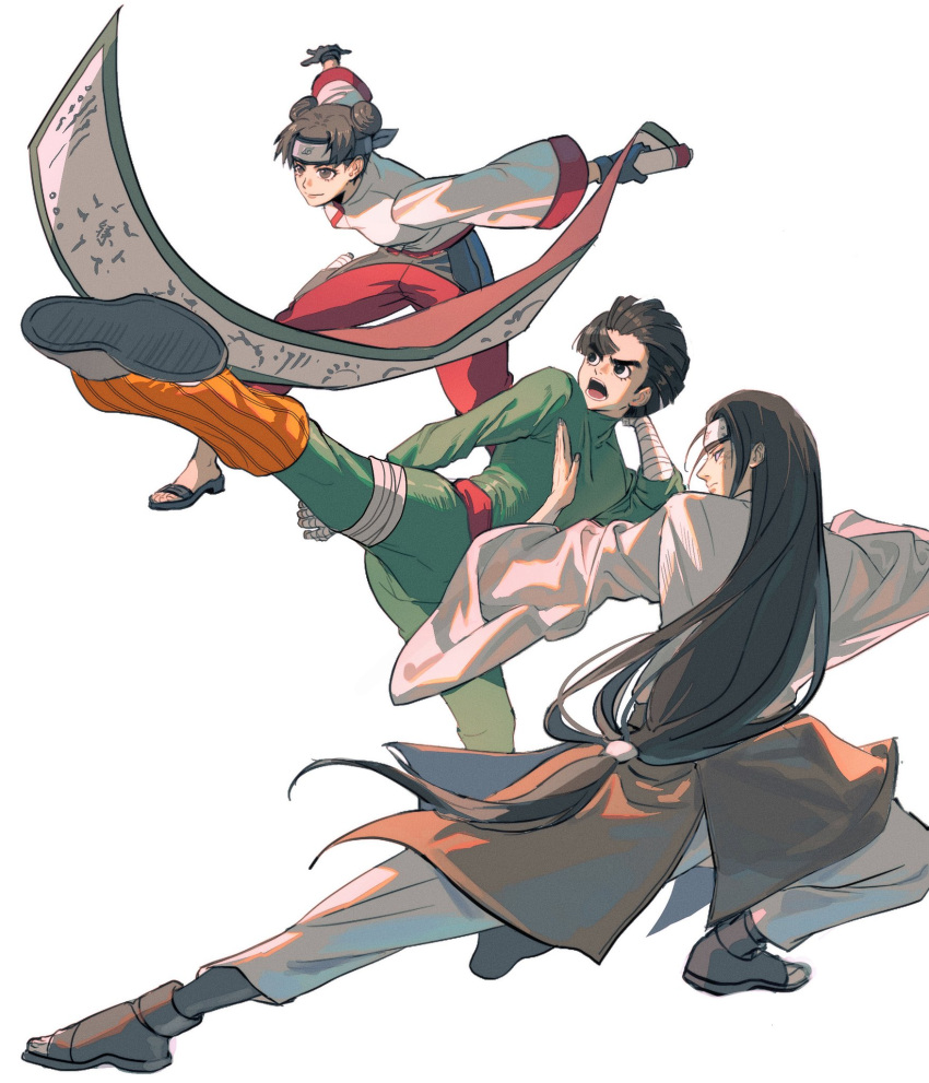 1girl, 2boys, black_eyes, black_gloves, black_hair, brown_eyes, brown_hair, chinese_clothes