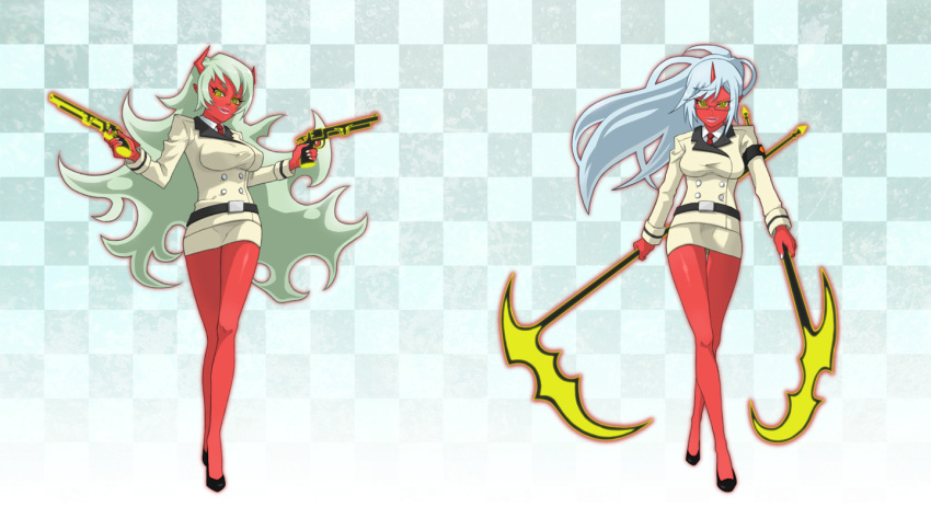 demon_girl, double_gold_lacytanga, double_gold_spandex, fang, glasses, green_hair, gun, horn, horns, kneesocks_(character), kneesocks_(psg), long_hair, panty_&amp;_stocking_with_garterbelt, red_skin, sayakami_yuuki, scanty, scanty_(psg), scythe, siblings, sisters, smile, weapon, wings