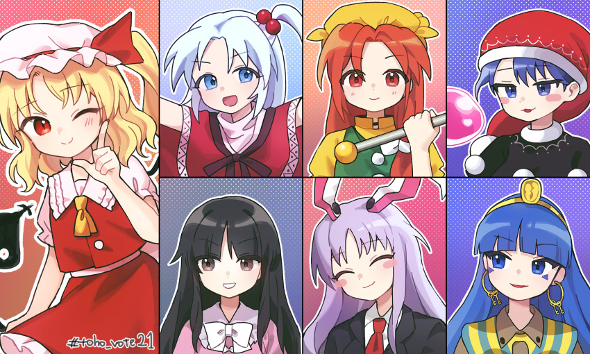 6+girls, animal_ears, black_hair, blonde_hair, blue_eyes, blue_hair, blunt_ends, doremy_sweet