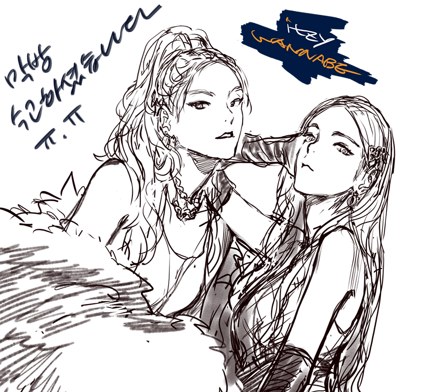 2girls, bare_shoulders, earrings, itzy, jewelry, k-pop, lia_(itzy), long_hair