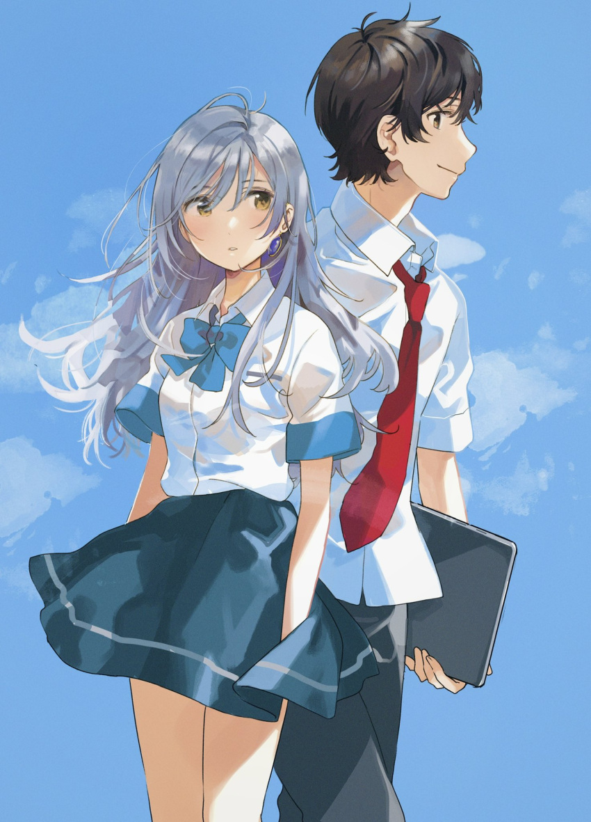 1boy, 1girl, aoi_yui, black_hair, blue_background, blue_bow, blue_bowtie, blue_skirt