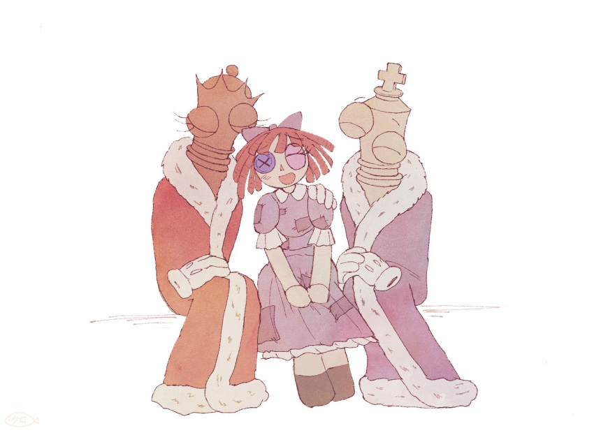 1boy, 2girls, blue_dress, bow, chess_piece, closed_eyes, commentary, dress, fur-trimmed_robe, fur_trim, hair_bow, hand_on_another's_shoulder, king_(chess), kinger_(the_amazing_digital_circus), multiple_girls, open_mouth, purple_robe, queen_(chess), queenie_(the_amazing_digital_circus), ragatha_(the_amazing_digital_circus), red_hair, red_robe, robe, s_k_y_2, short_hair, short_sleeves, sitting, smile, the_amazing_digital_circus