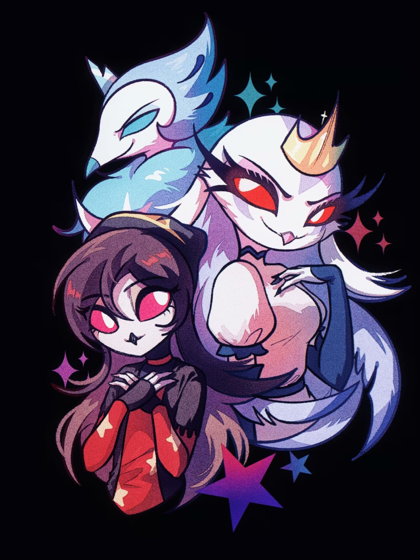 1boy, 2girls, andrealphus_(helluva_boss), beak, beanie, bird_boy, bird_girl, black_gloves
