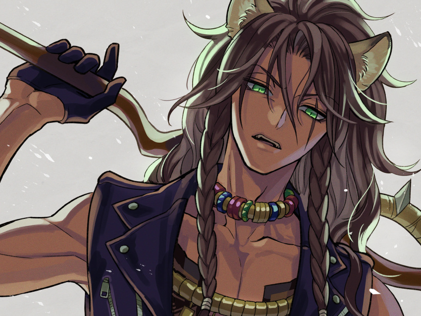 1boy, animal_ears, aubrey_(kyarairo), bare_arms, bare_shoulders, black_gloves, blue_vest, braid