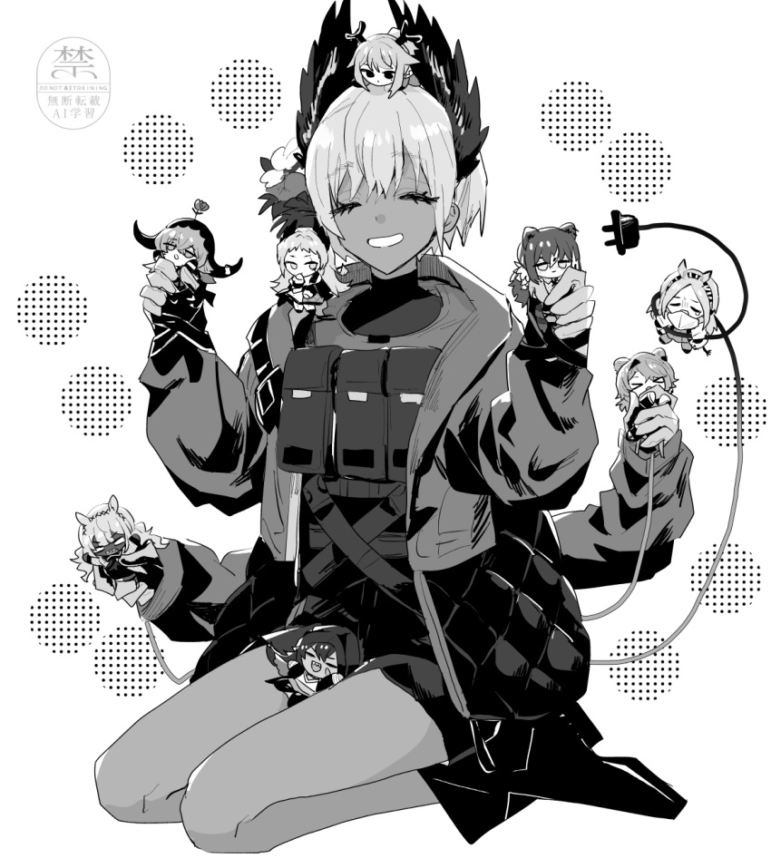 6+girls, absinthe_(arknights), arknights, bird_girl, boots, cable, cable_tail, closed_eyes