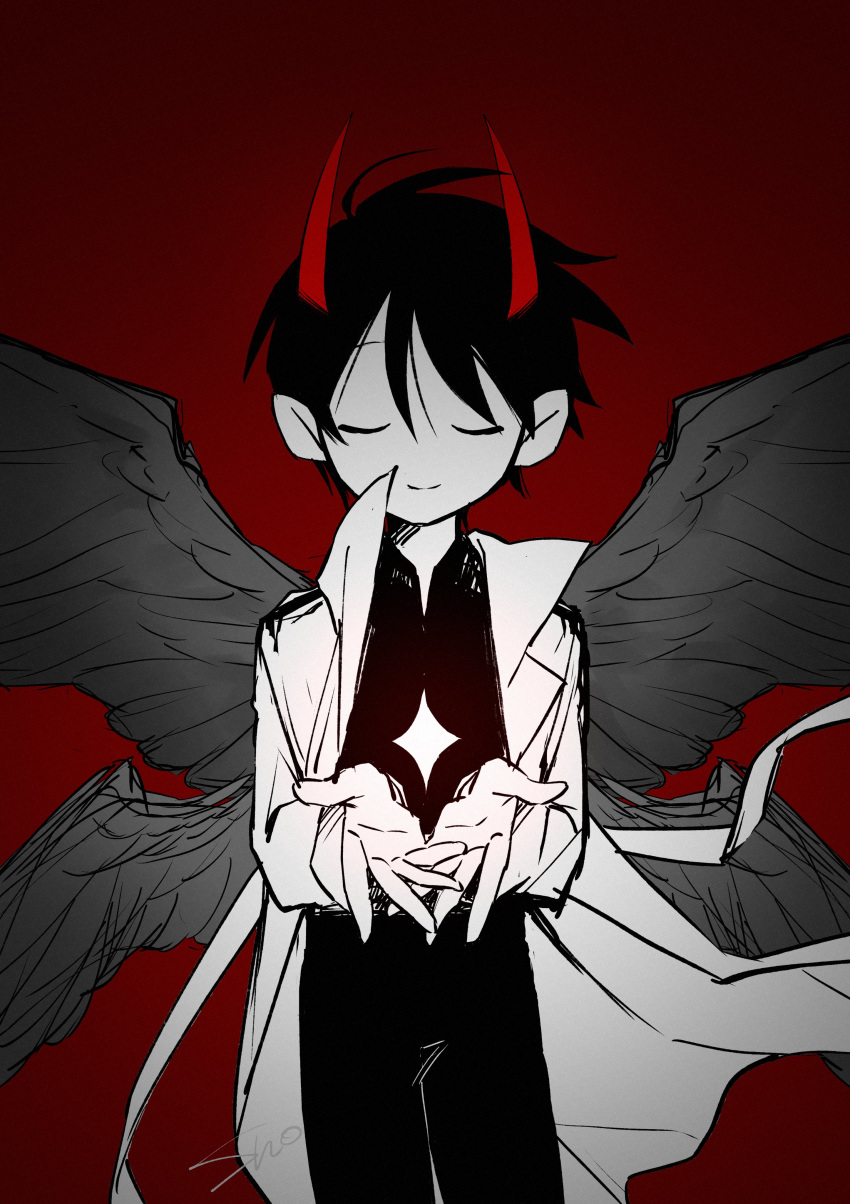 1boy, absurdres, closed_eyes, coat, cowboy_shot, cupping_hands, feathered_wings, greyscale_with_colored_background