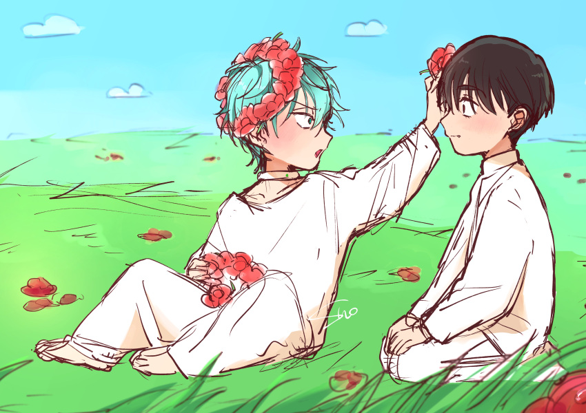2boys, absurdres, alien_stage, barefoot, black_eyes, blue_sky, choker, clouds