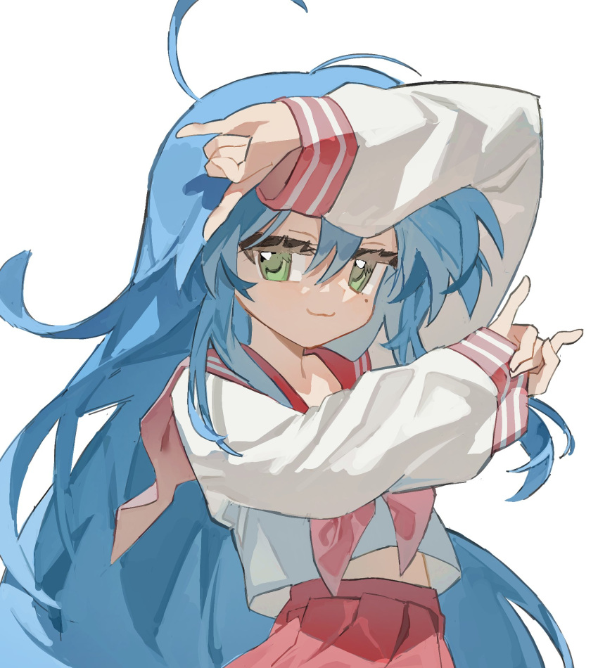 1girl, :3, \m/, ahoge, arms_up, blue_hair, closed_mouth, commentary, cowboy_shot, dot_nose, double_\m/, double_horizontal_stripe, flipped_hair, green_eyes, hair_between_eyes, highres, huge_ahoge, izumi_konata, jin_(jin_sen0956), jitome, long_hair, long_sleeves, looking_at_viewer, lucky_star, midriff_peek, mole, mole_under_eye, neckerchief, pink_neckerchief, pleated_skirt, red_sailor_collar, red_skirt, ryouou_school_uniform, sailor_collar, school_uniform, serafuku, shirt, sidelocks, simple_background, skirt, solo, straight_hair, symbol-only_commentary, very_long_hair, white_background, white_shirt