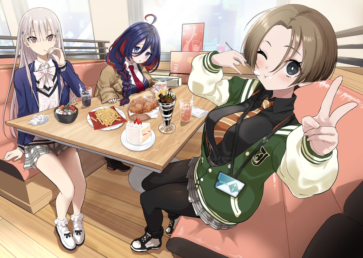 3girls, arisaka_aruka, blue_hair, booth_seating, brown_hair, countdown_illustration, eating, food
