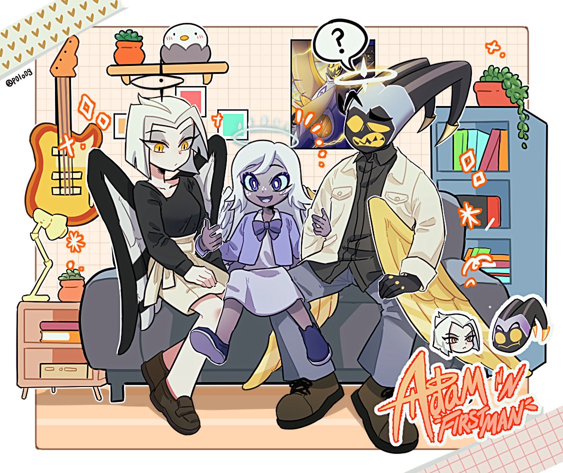 1boy, 2girls, :d, ?, adam_(hazbin_hotel), aged_down, alternate_universe, black_gloves