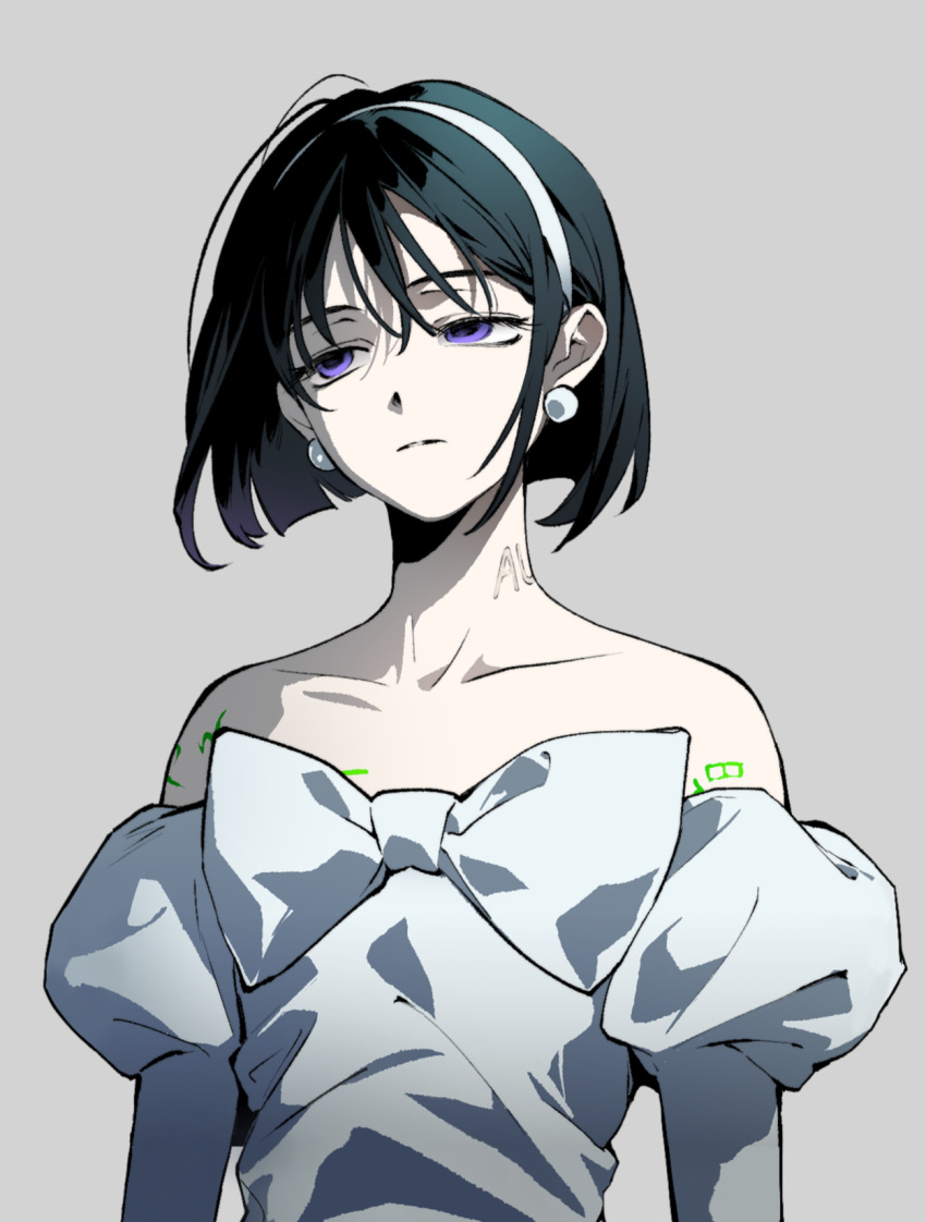 1girl, alien_stage, bare_shoulders, black_hair, bob_cut, body_markings, chinese_commentary, closed_mouth