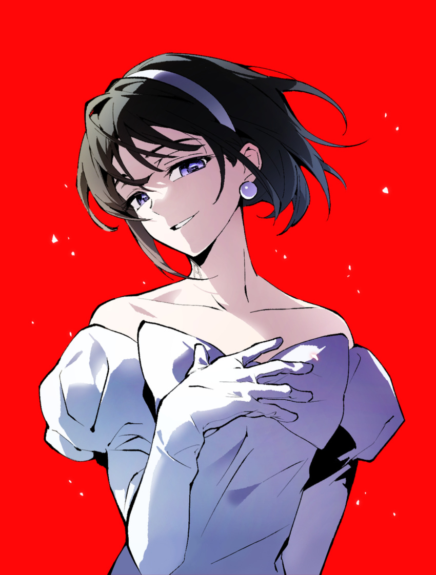 1girl, alien_stage, bare_shoulders, black_hair, bob_cut, chinese_commentary, commentary_request, dress