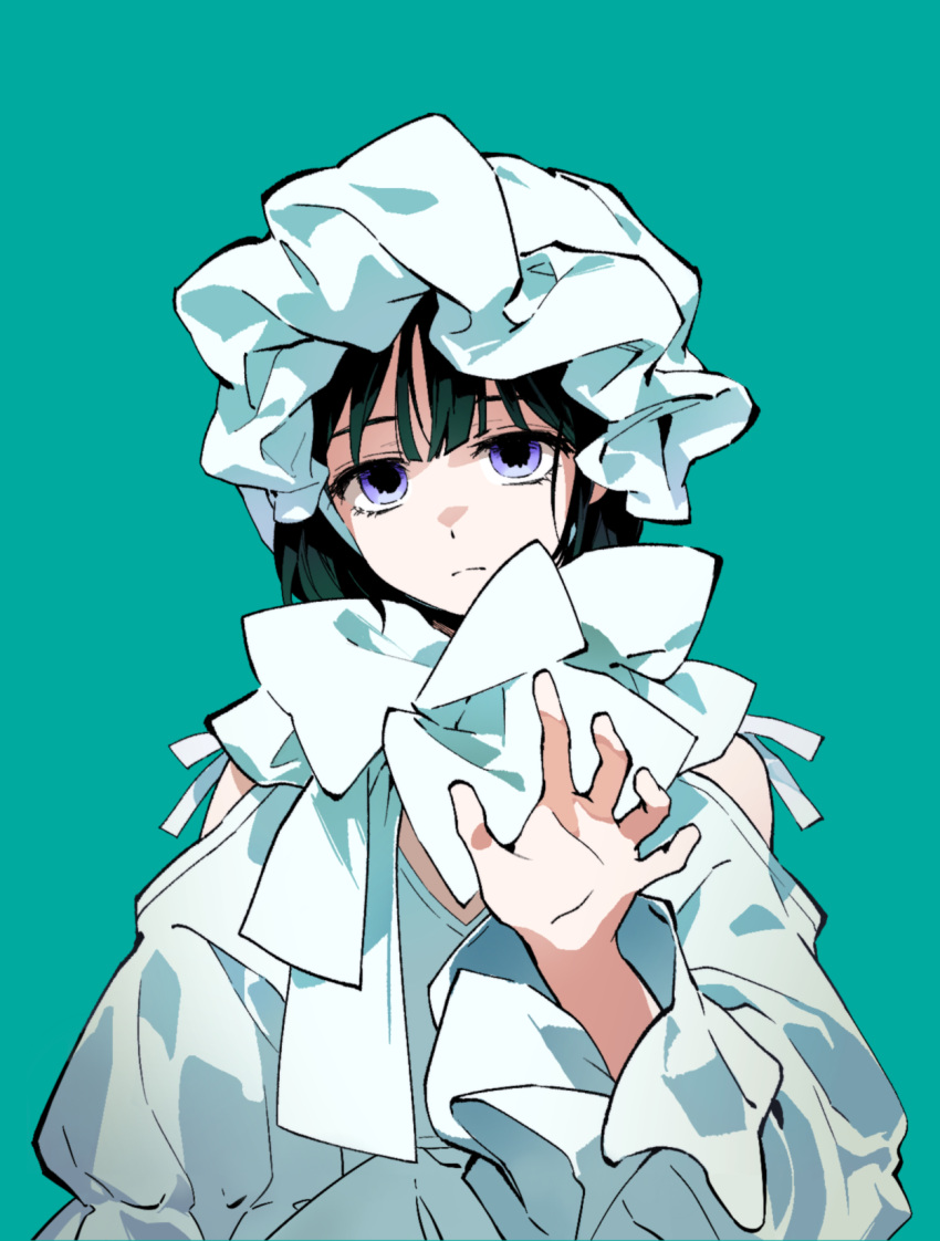 1girl, alien_stage, aqua_background, black_hair, bonnet, chinese_commentary, closed_mouth, commentary_request