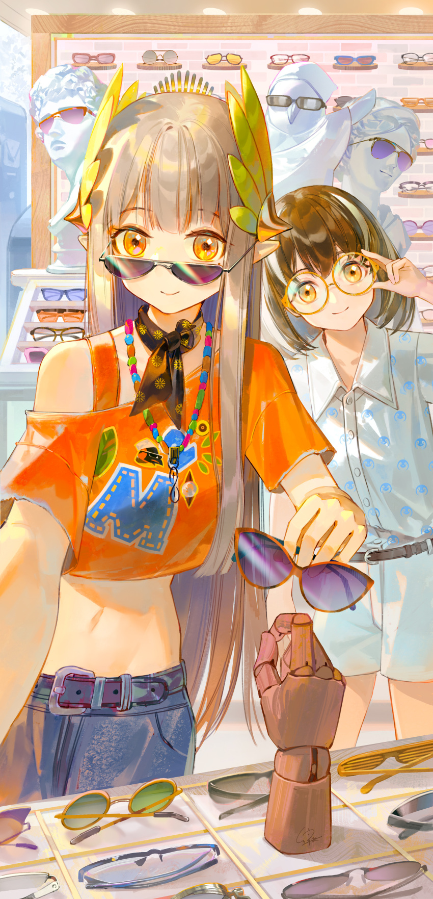2girls, absurdres, adjusting_eyewear, arknights, brown_hair, collared_shirt, commentary, cropped_shirt