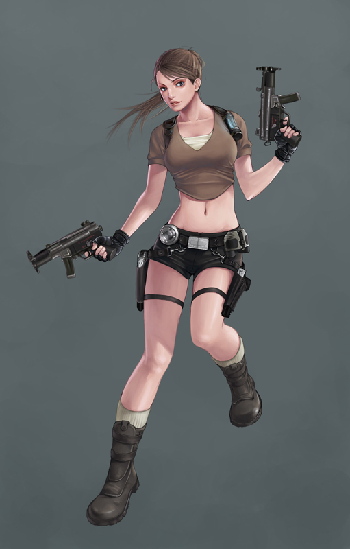 bad_id, boots, brown_hair, crop_top, dual_wielding, fingerless_gloves, gloves, gun, h&amp;k_mp5k, holster, lara_croft, midriff, navel, ponytail, shorts, solo, submachine_gun, sww13, thigh_holster, tomb_raider, weapon