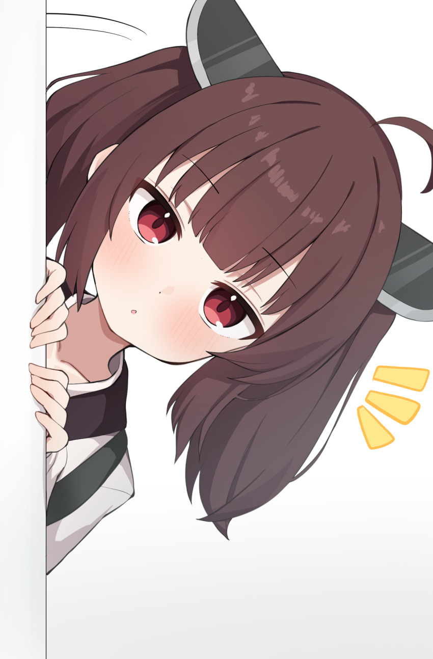 1girl, ahoge, blunt_bangs, brown_hair, collarbone, dot_nose, expressionless, headgear