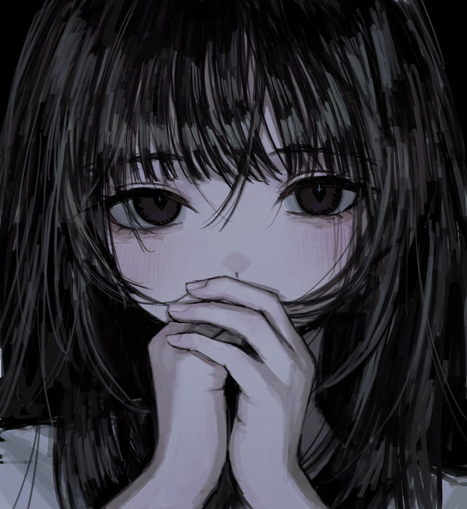 1girl, black_hair, blush, covered_mouth, cross_in_eye, dark_background, hands_up, long_bangs