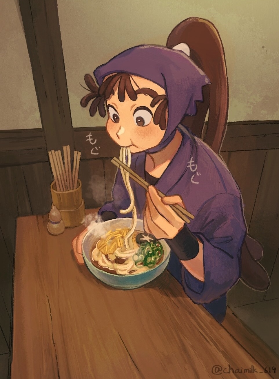 1boy, black_undershirt, brown_hair, chaimilk_619, chopsticks, eating, hand_up, high_ponytail, highres, holding, holding_chopsticks, indoors, light_blush, long_hair, looking_at_food, looking_down, male_focus, ohama_kan'emon, ponytail, purple_shirt, rakudai_ninja_rantarou, shirt, sitting, solo, table, thick_eyebrows, twitter_username