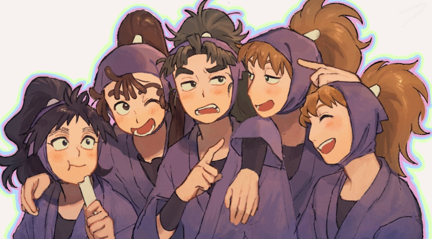 5boys, ;d, annoyed, black_eyes, black_undershirt, brown_hair, chaimilk_619, eating