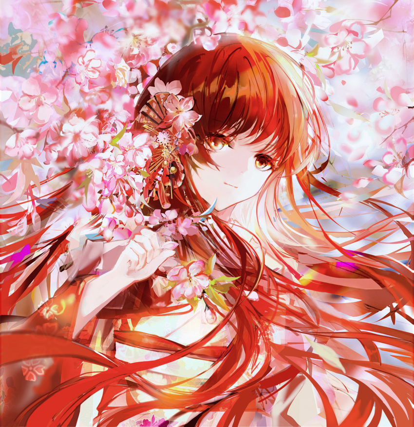 1girl, cherry_blossoms, closed_mouth, guikong560, highres, japanese_clothes, light_smile, long_hair