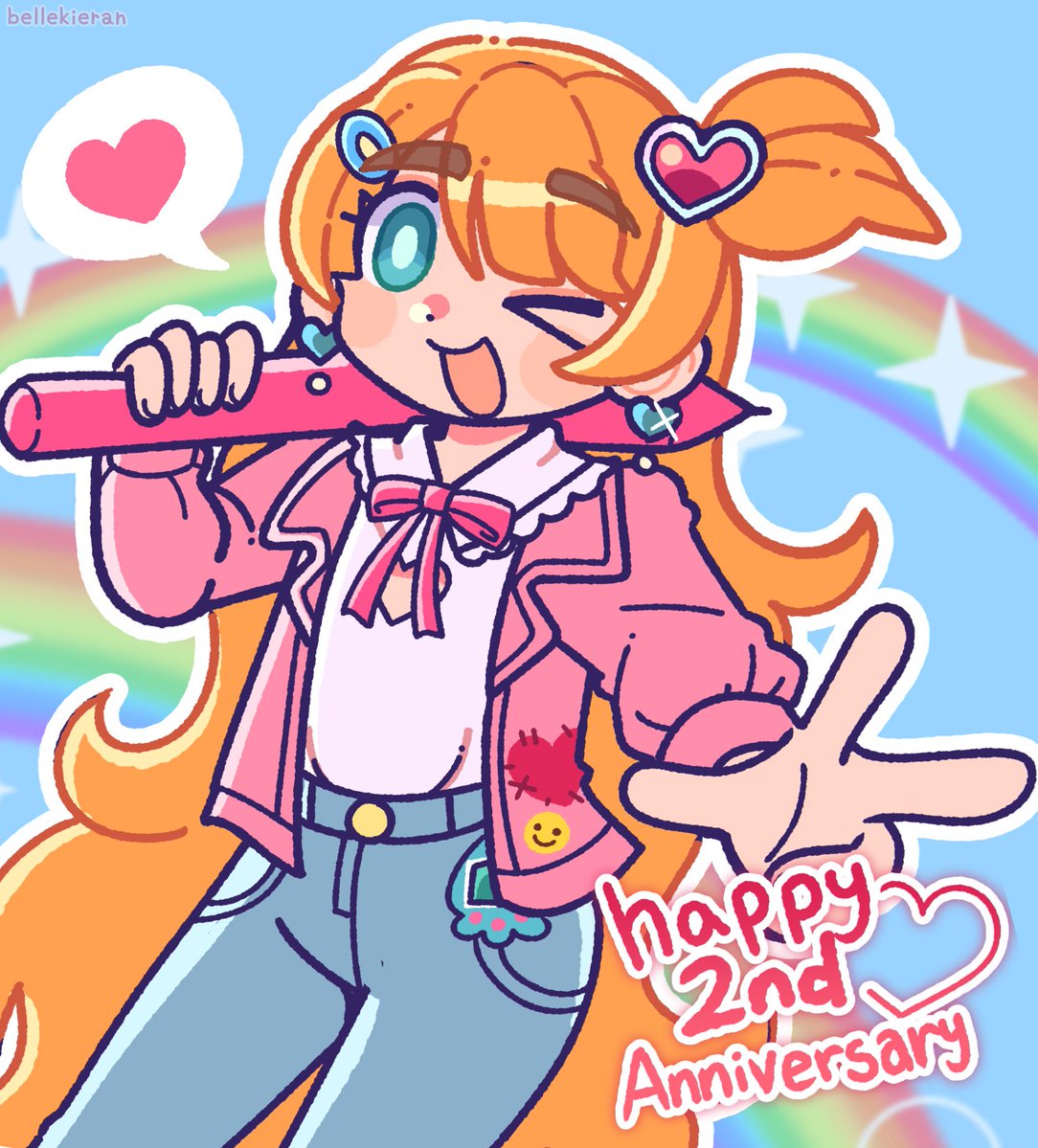 >_o, 1girl, ;d, artist_name, belle_kieran, blue_background, blue_eyes, blue_pants