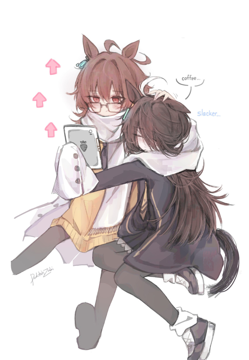 2girls, :/, absurdres, agnes_tachyon_(umamusume), animal_ears, artist_name, black_coat, black_pantyhose