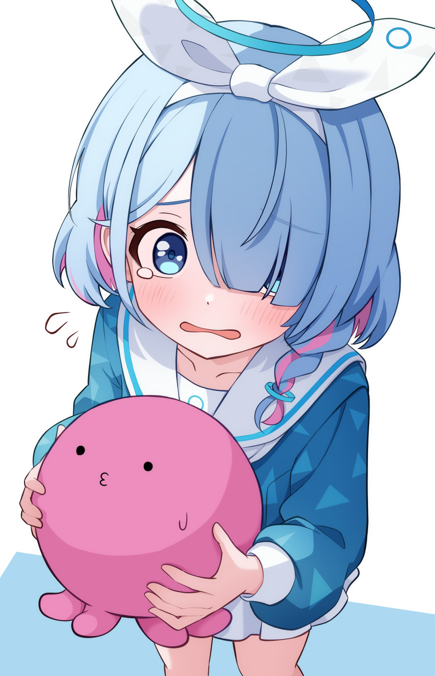 1girl, absurdres, arona_(blue_archive), blue_archive, blue_eyes, blue_hair, blue_halo, blue_shirt