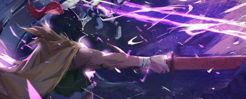 1boy, aldebaran_(re:zero), bandages, battle, cape, energy, energy_beam, helmet, highres, holding, holding_sword, holding_weapon, monster, muscular, muscular_male, outstretched_arm, plume, purple_energy, re:zero_kara_hajimeru_isekai_seikatsu, ro_ka_ro_ka, sword, weapon, yellow_cape