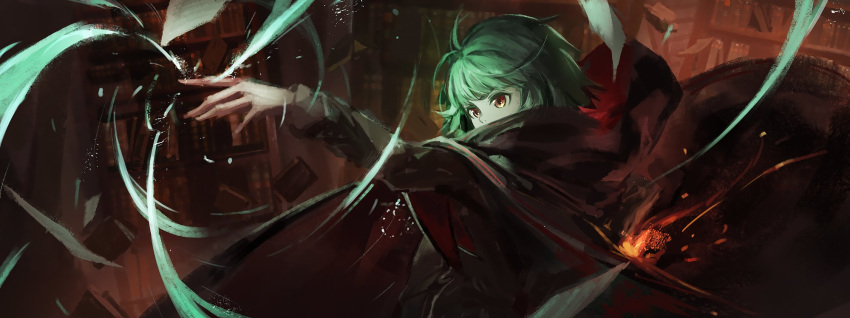 1boy, black_cloak, book, casting_spell, cloak, energy, ezzo_cadner, green_hair