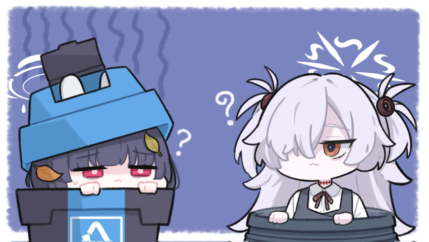 2girls, :3, ?, alternate_halo, animal_ears, black_hair, blue_archive, brown_eyes