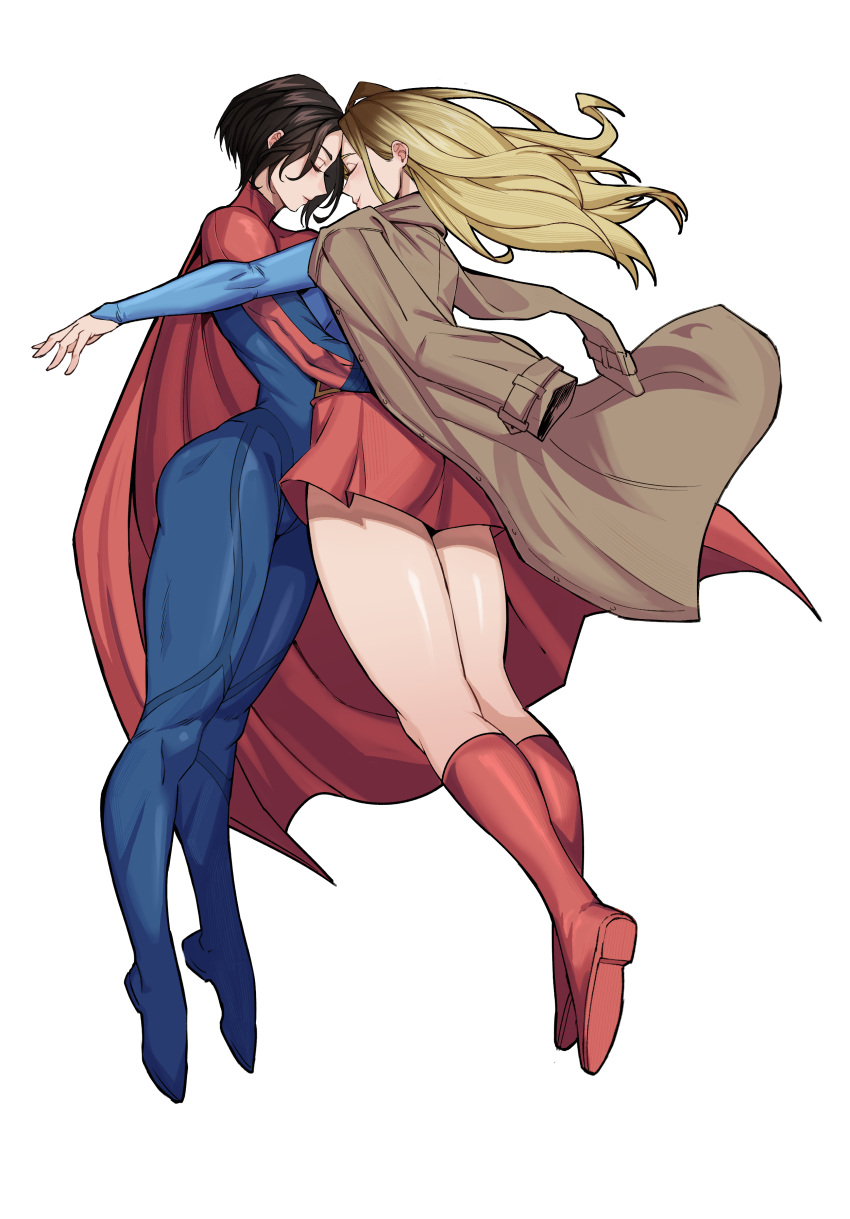 2girls, absurdres, black_hair, blonde_hair, blue_bodysuit, blue_eyes, bodysuit, boots