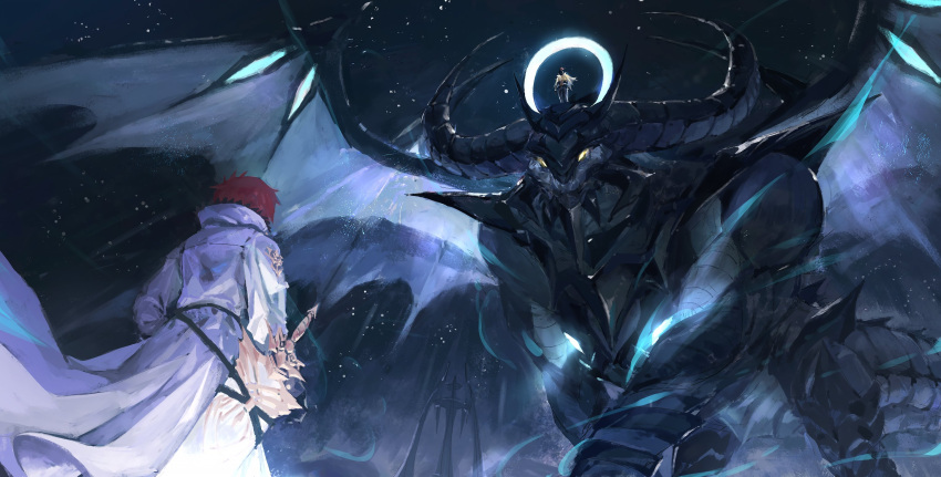 2boys, aldebaran_(re:zero), armor, cape, dragon, fantasy, glowing, glowing_eyes, halo, highres, horns, knight, looking_up, multiple_boys, night, night_sky, re:zero_kara_hajimeru_isekai_seikatsu, red_hair, reinhard_van_astrea, ro_ka_ro_ka, short_hair, size_difference, sky, star_(sky), sword, volcanica_(re:zero), weapon, white_cape, wings