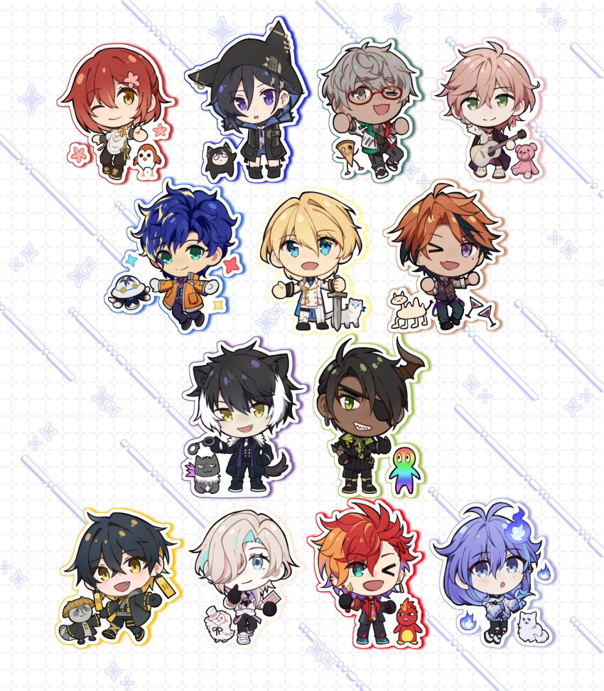 6+boys, :d, :o, acoustic_guitar, animal_ears, aragami_oga, aragami_oga_(1st_costume), arurandeisu