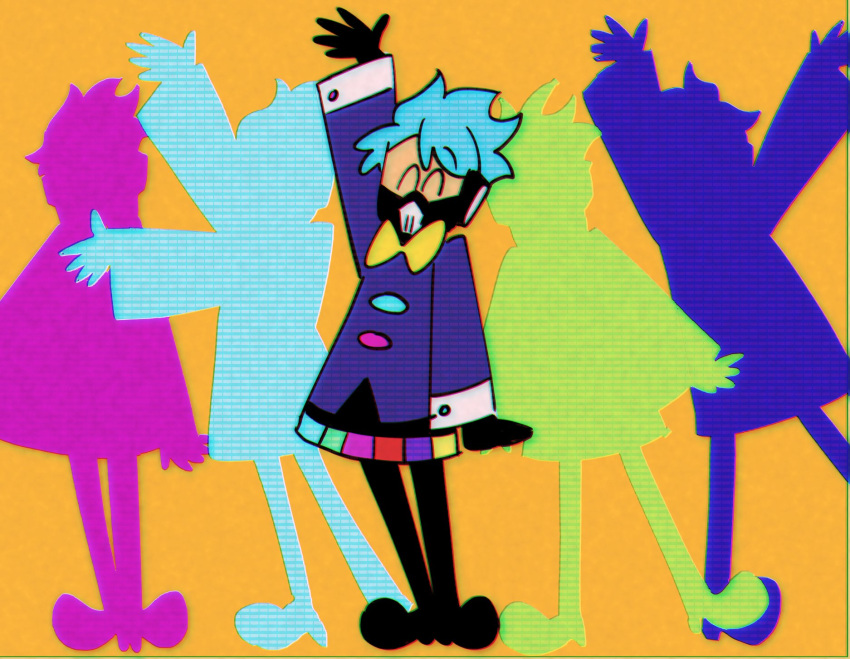 1boy, ^_^, alternate_costume, arm_at_side, arm_up, blue_hair, blue_jacket, bow, bowtie, buuufg, chromatic_aberration, closed_eyes, crossdressing, english_commentary, full_body, highres, jacket, knees_apart_feet_together, male_focus, mask, open_hand, orange_background, ortho_shroud, pleated_skirt, rainbow_skirt, respirator, scanlines, short_hair, silhouette, single_eyebrow, skirt, solo, spiky_hair, static_(vocaloid), toon_(style), twisted_wonderland, white_sleeve_cuffs, yellow_bow, yellow_bowtie