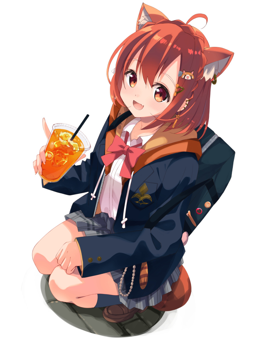 1girl, :d, ahoge, animal_ear_fluff, animal_ear_piercing, animal_ears, backpack, bag, black_jacket, black_socks, blush, bow, bowtie, braid, brown_shoes, cat_ears, collared_shirt, commentary, crown_braid, cup, disposable_cup, drinking_straw, dutch_angle, ear_piercing, earrings, extra_ears, fang, full_body, grey_skirt, hair_ornament, hairclip, happy, highres, holding, holding_cup, ice, ice_cube, index_finger_raised, jacket, jewelry, kneehighs, loafers, looking_at_viewer, medium_hair, minase_kaya, miniskirt, nijisanji, open_clothes, open_jacket, open_mouth, orange_eyes, orange_hair, piercing, plaid_clothes, plaid_skirt, pleated_skirt, ratna_petit, ratna_petit_(5th_costume), red_bow, red_bowtie, red_panda_ears, red_panda_girl, red_panda_tail, shirt, shoes, simple_background, skin_fang, skirt, sleeves_past_wrists, smile, socks, solo, squatting, striped_tail, symbol-only_commentary, tail, tareme, virtual_youtuber, white_background, white_shirt