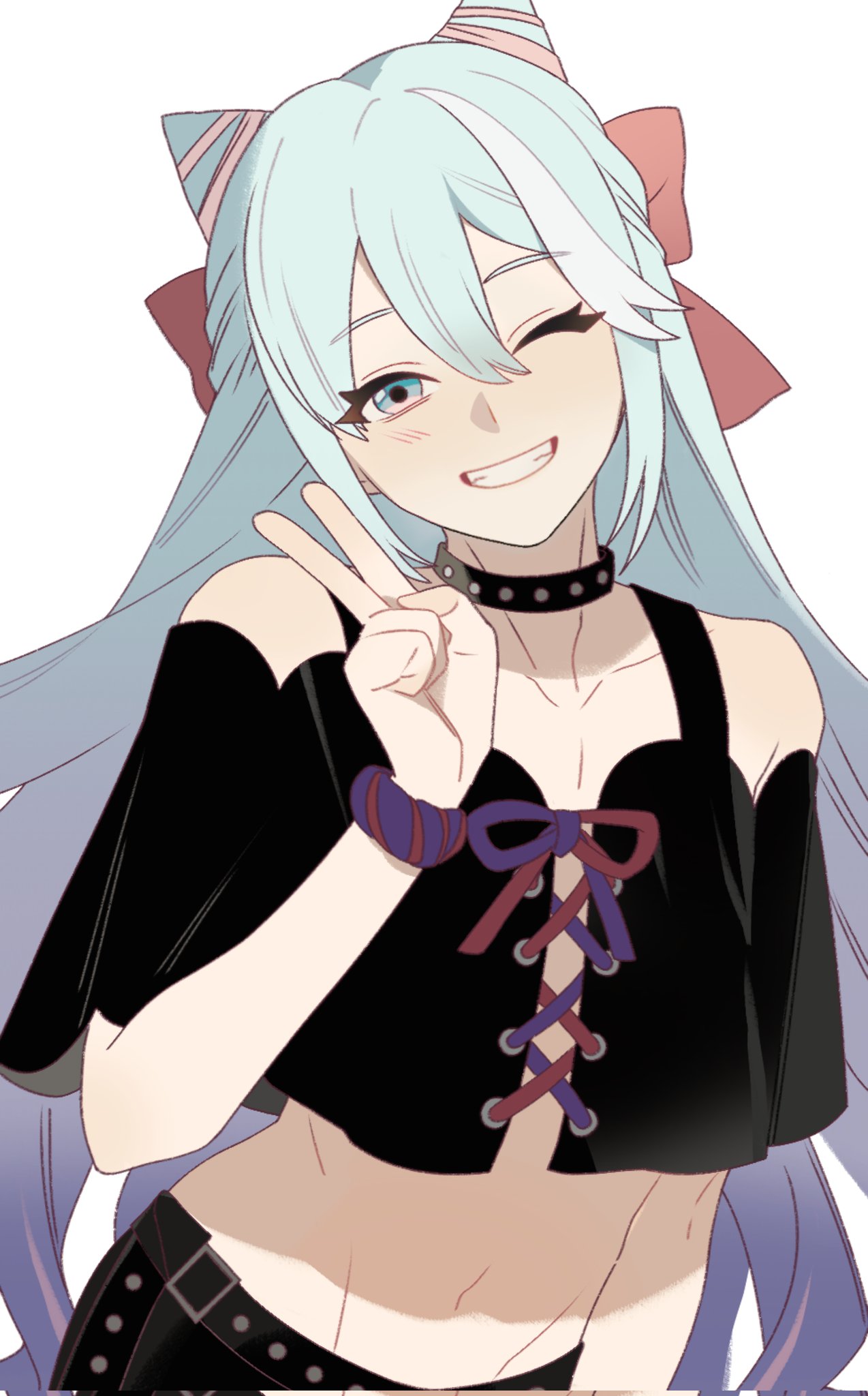 1boy, androgynous, bare_shoulders, blue_eyes, blue_hair, collarbone, cone_hair_bun, dr_metagross