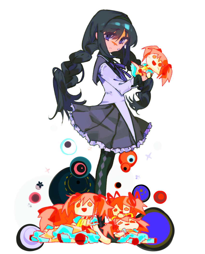 akemi_homura, akemi_homura_(magical_girl), argyle_clothes, argyle_footwear, black_hair, black_headband, bow, bowtie