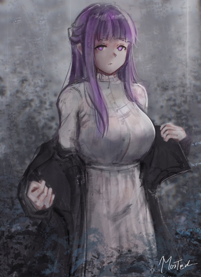 1girl, black_coat, blunt_bangs, breasts, closed_mouth, coat, commentary, cowboy_shot