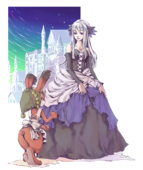 blue_eyes, castle, dress, elbow_gloves, gloves, gwendolyn, head_wings, long_hair