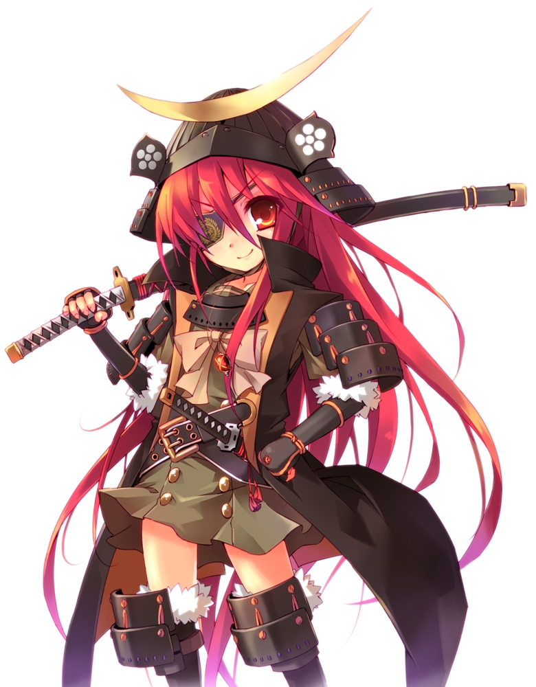 armor, cosplay, date_masamune, date_masamune_(cosplay), eyepatch, helmet, jewelry, kabuto, katana, long_hair, pendant, red_eyes, red_hair, roke, samurai, school_uniform, shakugan_no_shana, shana, solo, sword, weapon