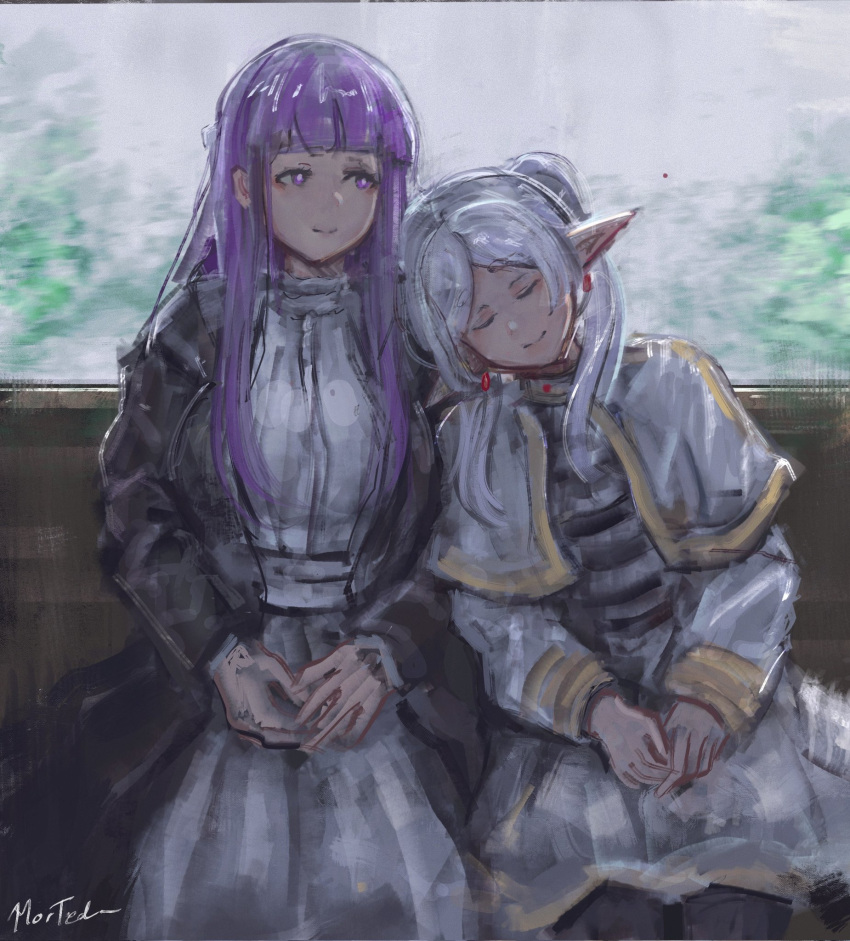 2girls, black_robe, blunt_bangs, capelet, closed_eyes, closed_mouth, commentary, dress