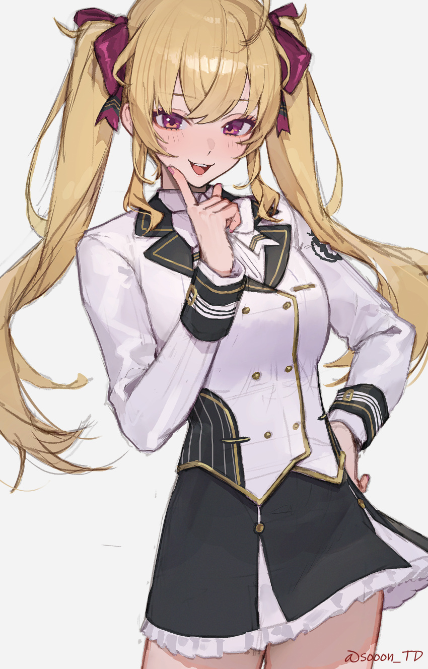 1girl, absurdres, artist_name, black_skirt, blazer, blonde_hair, breasts, commentary_request