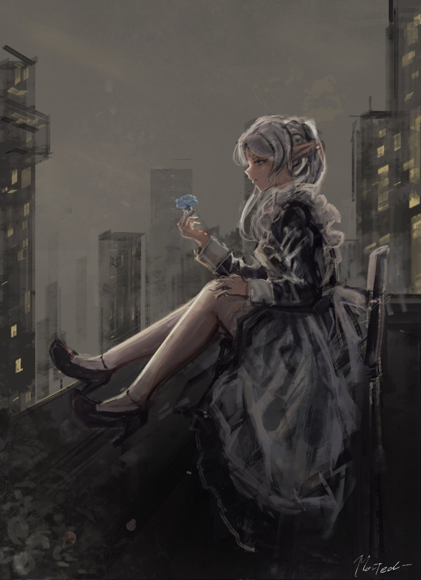 1girl, alternate_costume, alternate_hairstyle, balcony, black_dress, black_shoes, blue_flower, building
