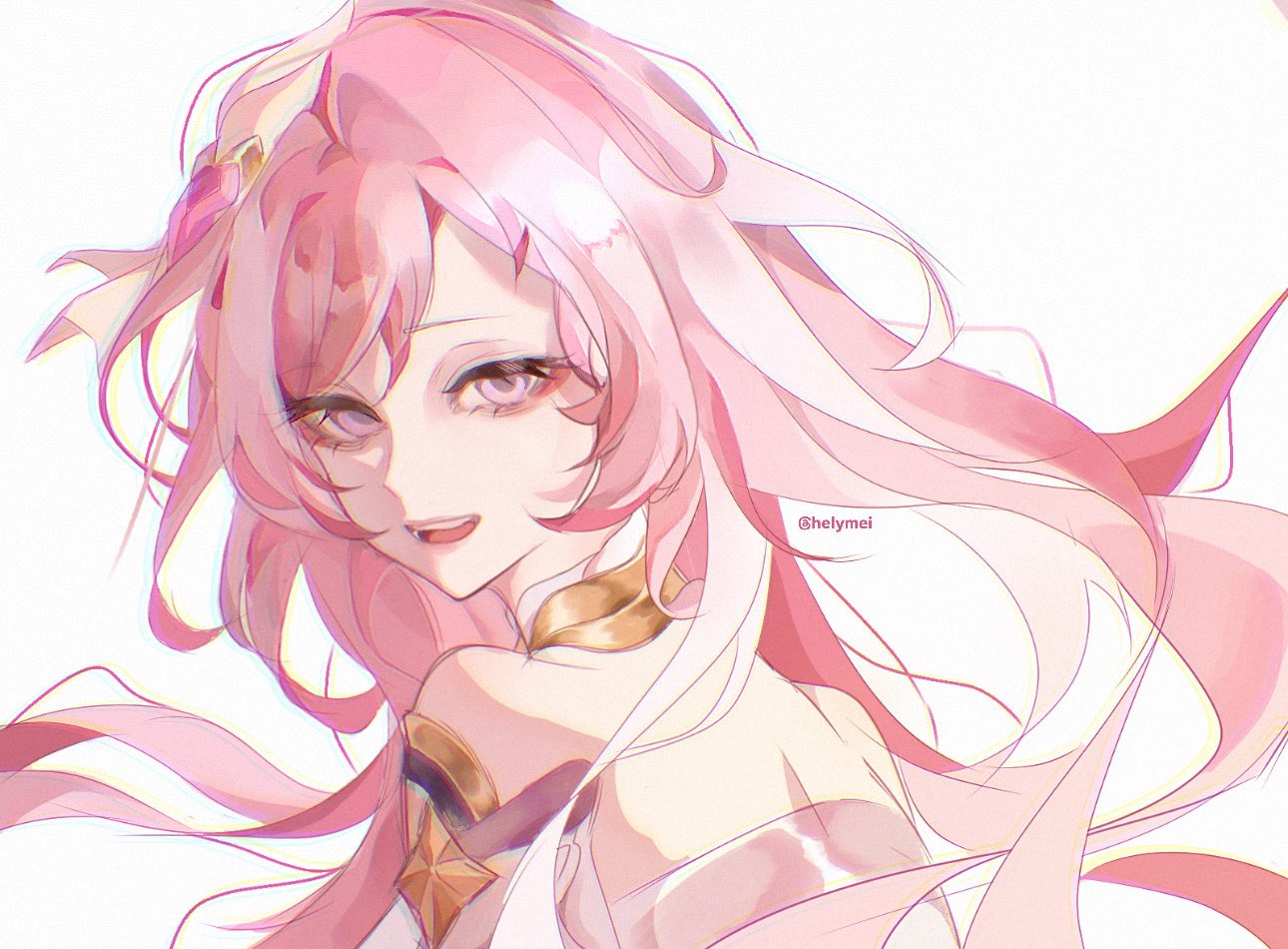 1girl, bare_shoulders, commentary, elysia_(herrscher_of_human:_ego)_(honkai_impact), elysia_(honkai_impact), english_commentary, floating_hair, hair_ornament