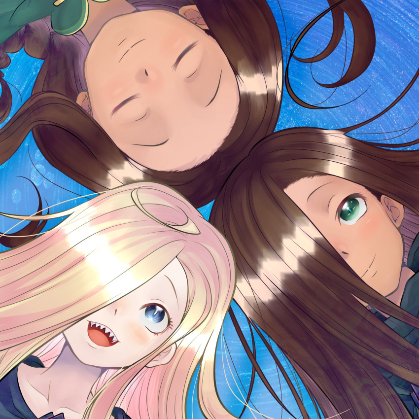blonde_hair, blue_background, blue_eyes, brown_hair, closed_eyes, fangs, green_eyes, hair_spread_out