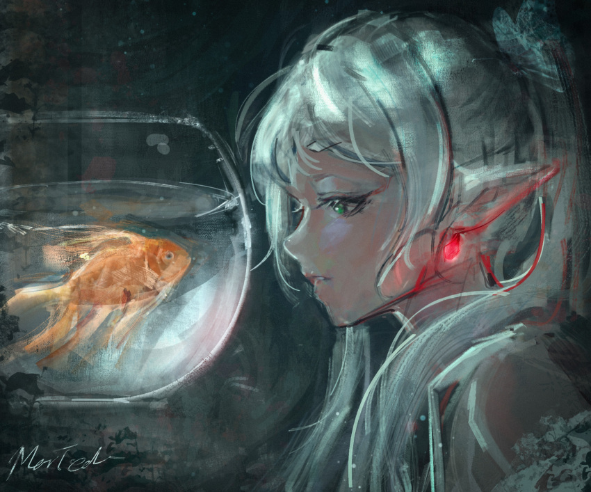 1girl, commentary, earrings, elf, fish, fishbowl, frieren, from_side