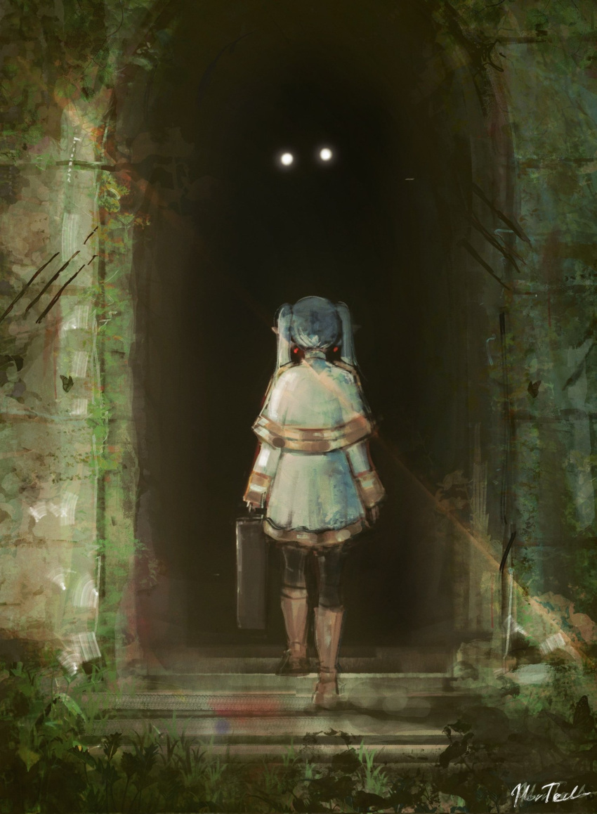 1girl, boots, brown_boots, commentary, darkness, dress, dungeon, earrings