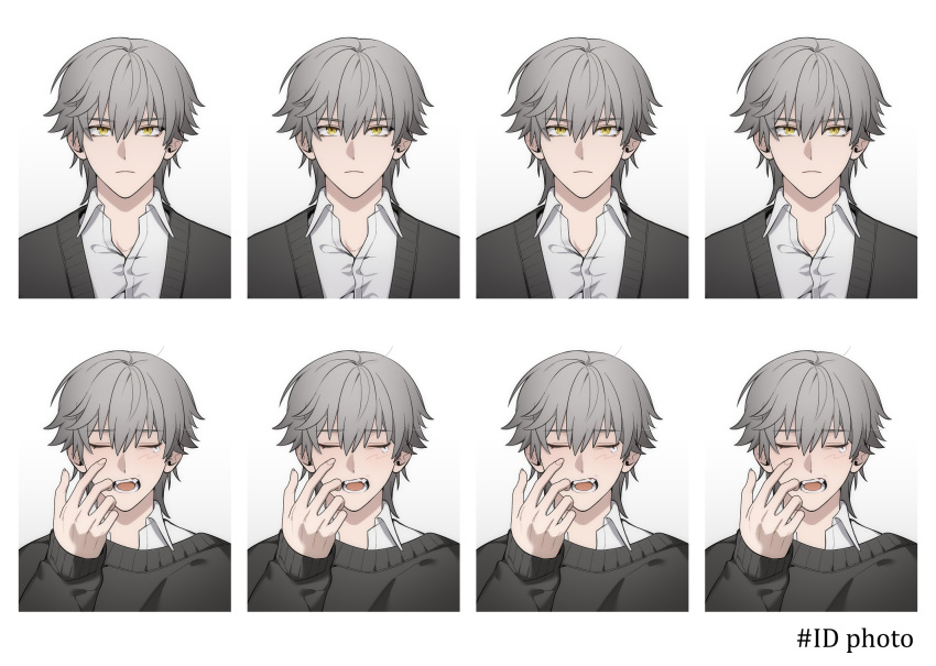 1boy, alternate_costume, black_sweater, blush, border, caelus_(honkai:_star_rail), closed_eyes, closed_mouth, collared_shirt, english_text, fangs, fingernails, fumei20220904, grey_hair, hair_between_eyes, hand_up, highres, honkai:_star_rail, honkai_(series), long_sleeves, looking_at_viewer, male_focus, multiple_views, open_mouth, puffy_long_sleeves, puffy_sleeves, shirt, short_hair, simple_background, sleepy, smile, sweater, teeth, trailblazer_(honkai:_star_rail), upper_body, white_background, white_border, white_shirt, yellow_eyes