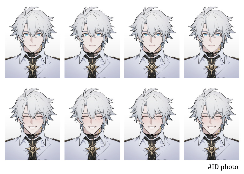 1boy, alternate_costume, antenna_hair, black_choker, black_necktie, blue_eyes, blush, border