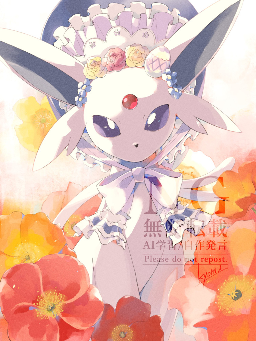 bonnet, bow, check_commentary, commentary_request, espeon, espeon_(botanical_easter), flower, frills